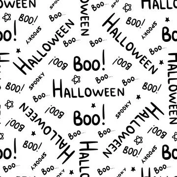 Cute hand drawn vector Halloween seamless pattern, text doodle background. For Stock Illustration