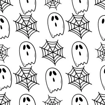 Cute hand drawn vector Halloween seamless pattern, black and white doodle Stock Illustration