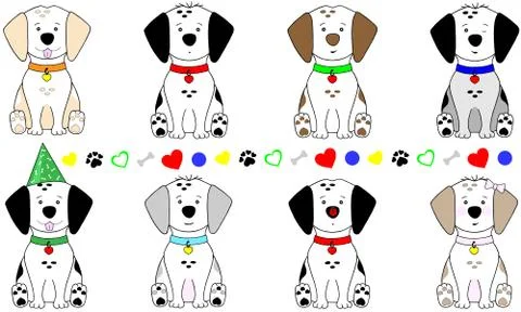 Cute hand drawn vector illustration of puppy dog, sitting down, with collar a Stock Illustration