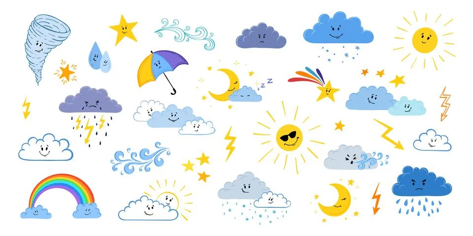 Cute hand-drawn weather elements set with suns, moons, rainbows, clouds, rain 스톡 일러스트