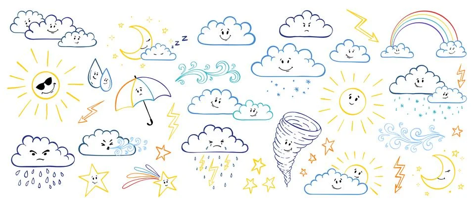 Cute hand-drawn weather elements set with suns, moons, rainbows, clouds, ra.. 스톡 일러스트
