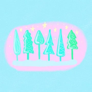 Cute hand drawn winter card. Christmas trees and stars on a pink background. Stock Illustration