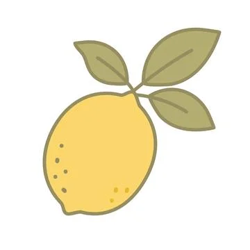 Cute hand-drawn yellow lemon with green leaves on white background simple m.. Stock Illustration