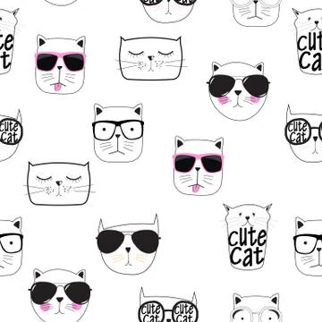 Cute Handdrawn Cat Seamless Pattern Vector Illustration Illustrazione stock