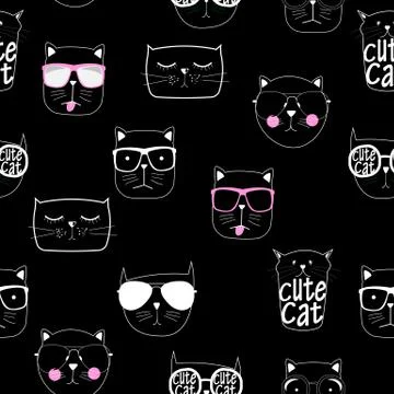 Cute Handdrawn Cat Seamless Pattern Vector Illustration Illustrazione stock
