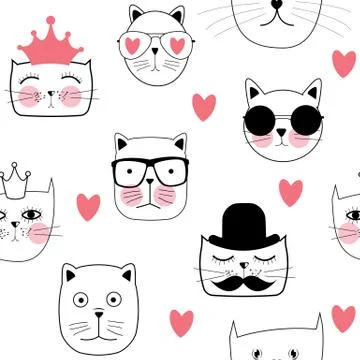 Cute Handdrawn Cat Seamless Pattern Vector Illustration Stock Illustration