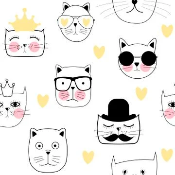 Cute Handdrawn Cat Seamless Pattern Vector Illustration Stock Illustration
