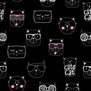 Cute Handdrawn Cat Seamless Pattern Vector Illustration Stock Illustration