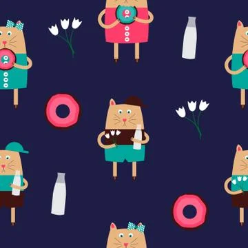 Cute Handdrawn Cat Seamless Pattern Vector Illustration イラスト素材