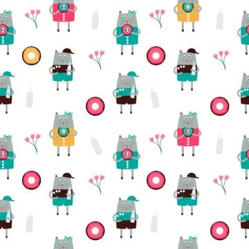 Cute Handdrawn Cat Seamless Pattern Vector Illustration Stockillustratie