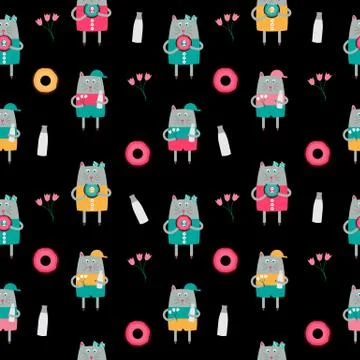 Cute Handdrawn Cat Seamless Pattern Vector Illustration Illustrazione stock