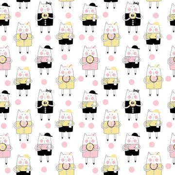 Cute Handdrawn Cat Seamless Pattern Vector Illustration Illustrazione stock