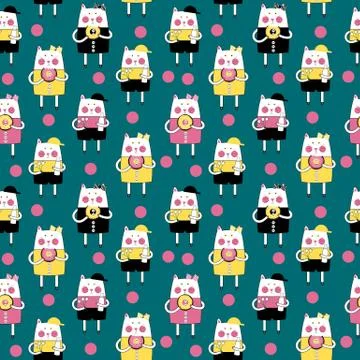Cute Handdrawn Cat Seamless Pattern Vector Illustration Stock Illustration