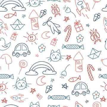 Cute handmade doodle seamless pattern icons for kids and preschoolers. Icon c Stock Illustration