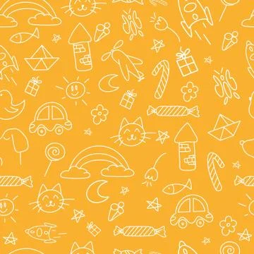 Cute handmade doodle seamless pattern icons for kids and preschoolers. Icon c Illustrazione stock
