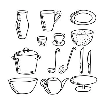 Cute handmade kitchen ware collection. Flat vector illustration. Decorative t Stock Illustration