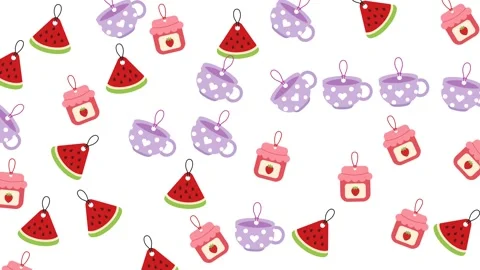 Cute Hanging Tag Pattern with Watermelon Strawberry Jam and Tea Cup Stock Footage 345539390