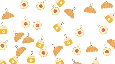 Cute hanging tags pattern featuring croissants flower cookies and honey jars Stock Footage 345539369