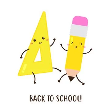Cute happy back to school triangular ruler and pencils vector design Stock Illustration