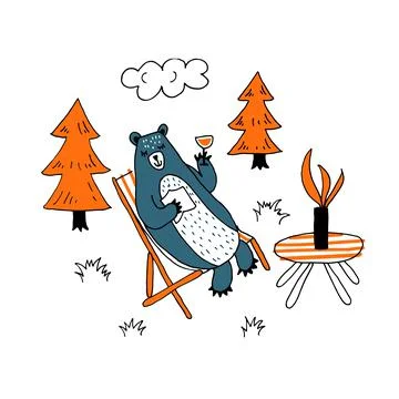 Cute happy bear sitting in a deck chair drinking fancy cocktail, relaxed smile Illustrazione stock