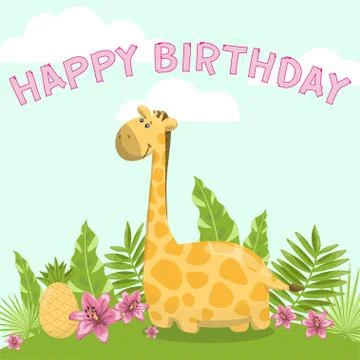 Cute happy birthday card with giraffe. vector Stock Illustration