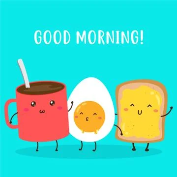 Cute happy boiled egg, bread and cup of coffee vector design Stock Illustration
