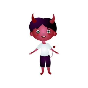 Cute happy boy in devil costume with red mask face Stock Illustration