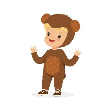Cute happy boy dressed as a bear, kids carnival costume vector Illustration Ilustración de archivo