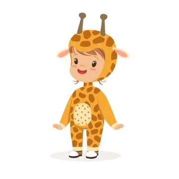 Cute happy boy dressed as a giraffe, kids carnival costume vector Illustration Illustrazione stock