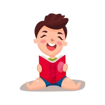 Cute happy boy sitting on the floor and reading a book, education and knowledge Stock Illustration