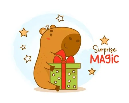 Cute happy capybara in with gift. Vector illustration. Funny festive animal.. Stock Illustration