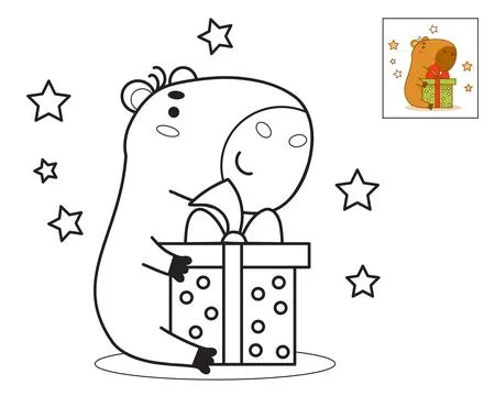 Cute happy capybara in with gift. Vector illustration. Funny festive animal.. Stock Illustration