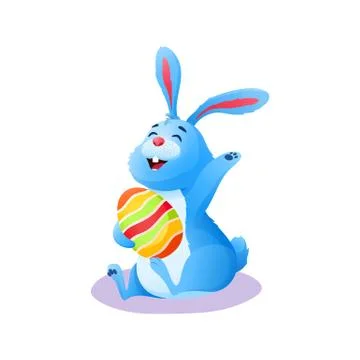 Cute happy cartoon Easter rabbit with painted egg. Stock Illustration