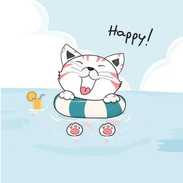 Cute happy cat in life ring on the sea drawing vector Stock Illustration