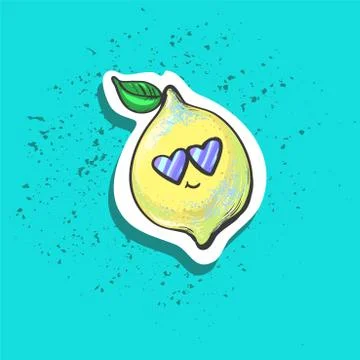 Cute happy cool lemon with leaf in sun glasses sticker fashion patch badge Stock Illustration