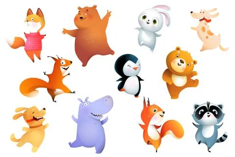 Cute Happy Dancing Jumping Animals for Kids Stock Illustration