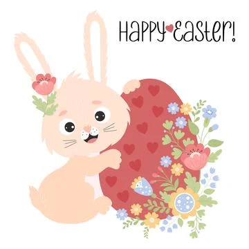 Cute happy easter bunny with easter egg and flowers. Vector illustration. Illustrazione stock