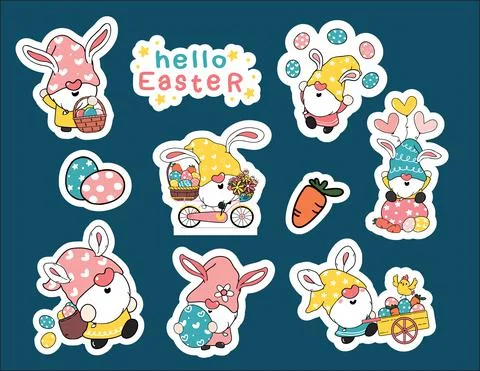 Cute happy Easter Gnome Bunny ears sweet pastel sticker collection, gnome eas Illustrazione stock
