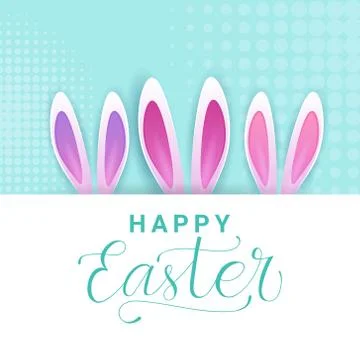 Cute Happy Easter Greeting Card With Creative Lettering Calligraphy And Rabbit 스톡 일러스트