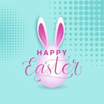Cute Happy Easter Greeting Card With Bunny Ears On Egg Over Vintage Background Ilustração Stock