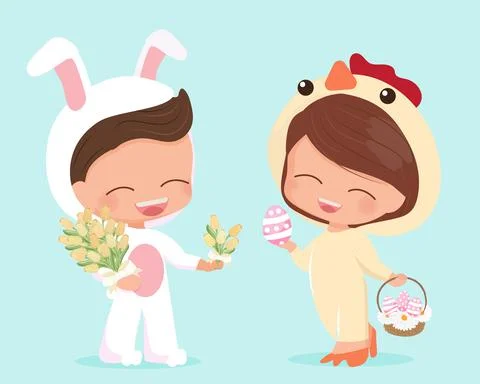 Cute happy flat style young couple in Easter bunny and chick costume eps10 ve Stock Illustration