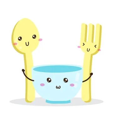 Cute happy fork spoon and bowl set vector design Illustrazione stock