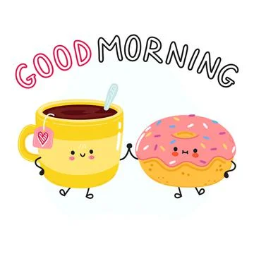 Cute happy fried egg and coffee cup. Vector cartoon character illustration. G Stock Illustration