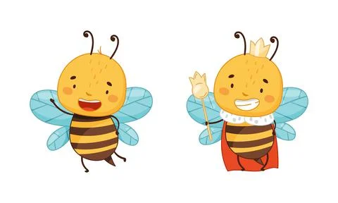 Cute happy funny bee set. Queen bee in golden crown with scepter cartoon vector Stock Illustration