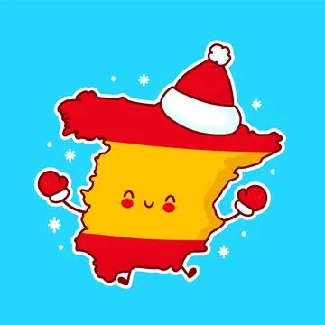 Cute happy funny Spain map and flag character in christmas hat. Vector flat l Stock Illustration