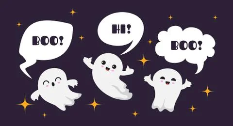 Cute happy ghosts. Flat ghost vector character. Halloween boo background Stock Illustration