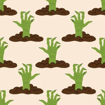 Cute happy Halloween seamless pattern with green zombie hands rising from t.. Stock Illustration