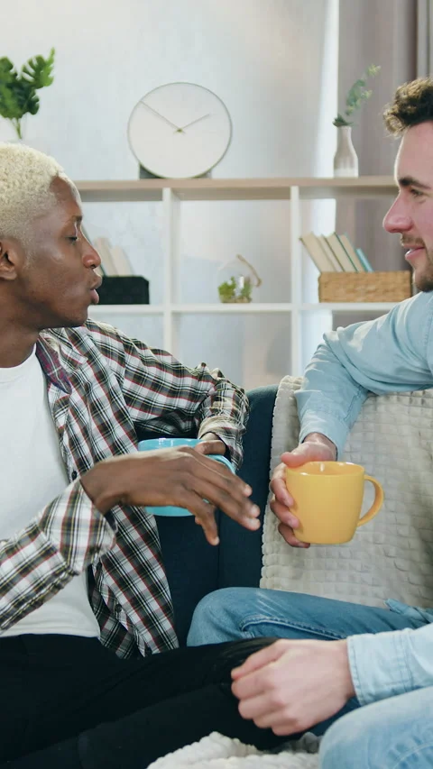 Cute happy joyful amorous multiethnic 25-aged homosexuals relaxing on comfortabl Stock Footage 330173764