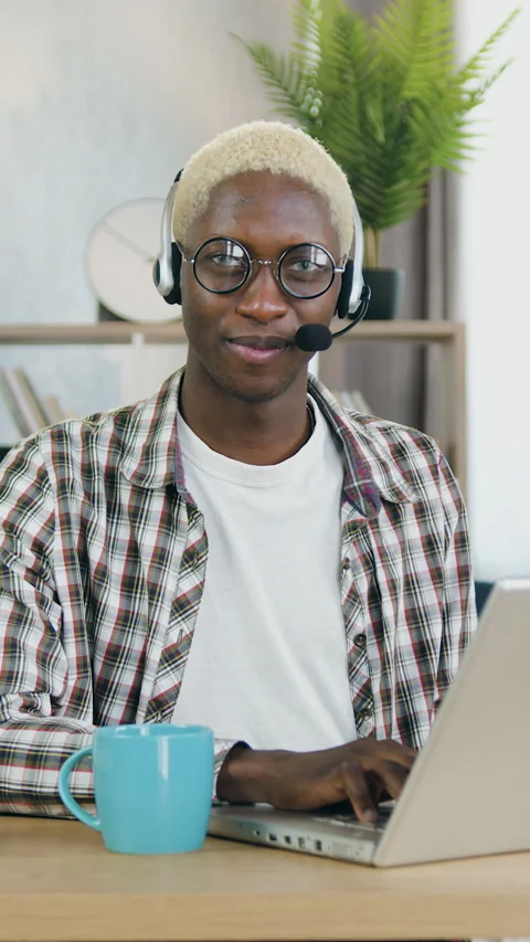 Cute happy joyful hardworking 25-aged trendy african american homosexual in wire Stock Footage 330787784