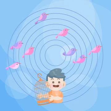 Cute happy kid play vector birds illustration fantasy Stock-Illustration